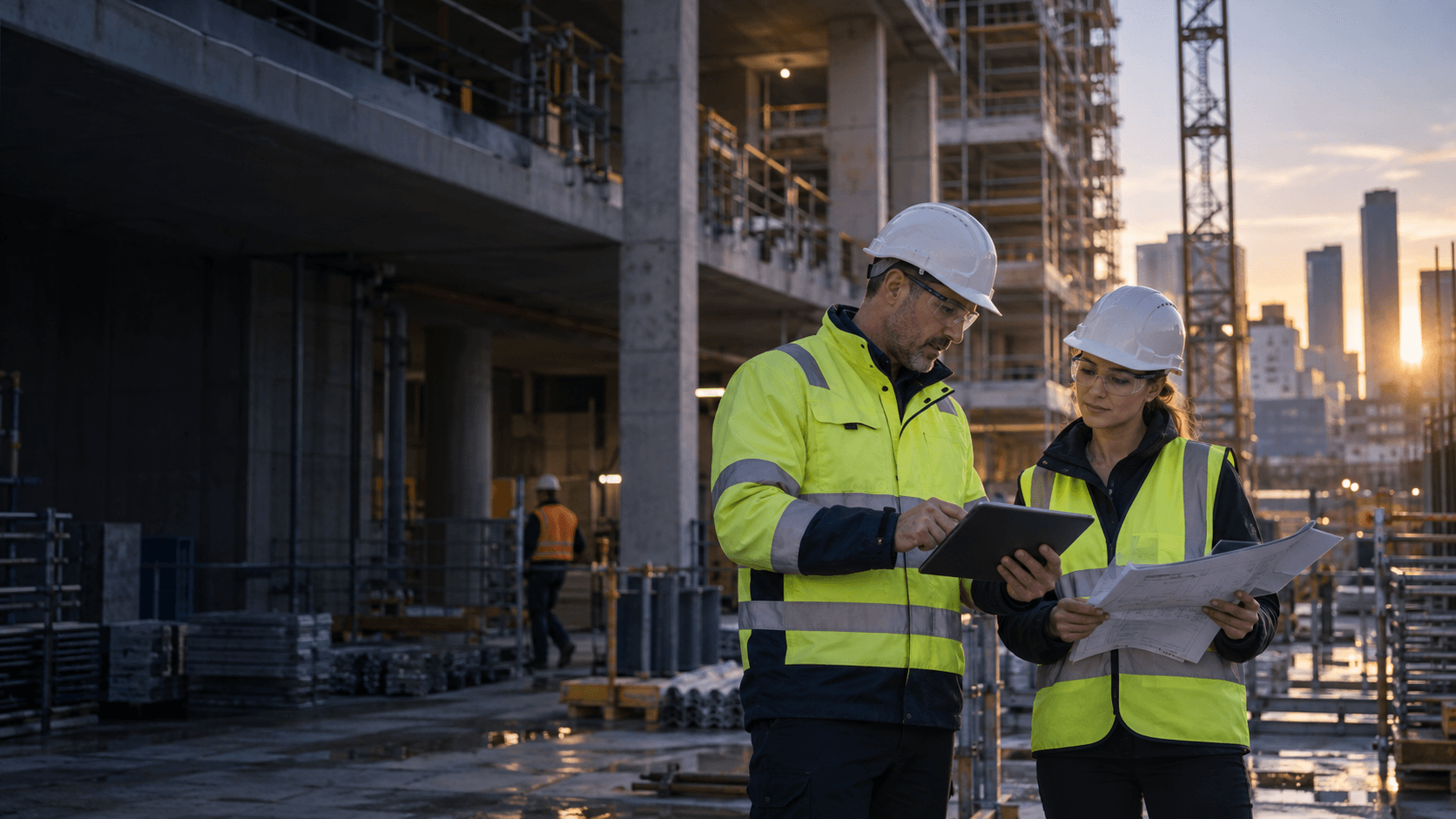 Construction professionals reviewing drawings and a tablet